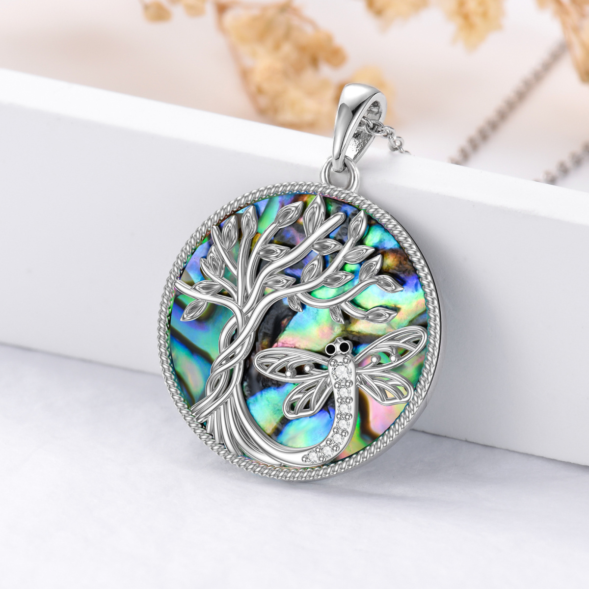 Sterling Silver Circular Shaped Abalone Shellfish Dragonfly & Tree Of Life Pendant Necklace-3