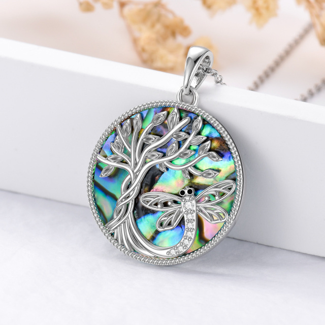 Sterling zilveren cirkelvormige Abalone Shellfish Dragonfly & Tree Of Life Hanger Collier-3