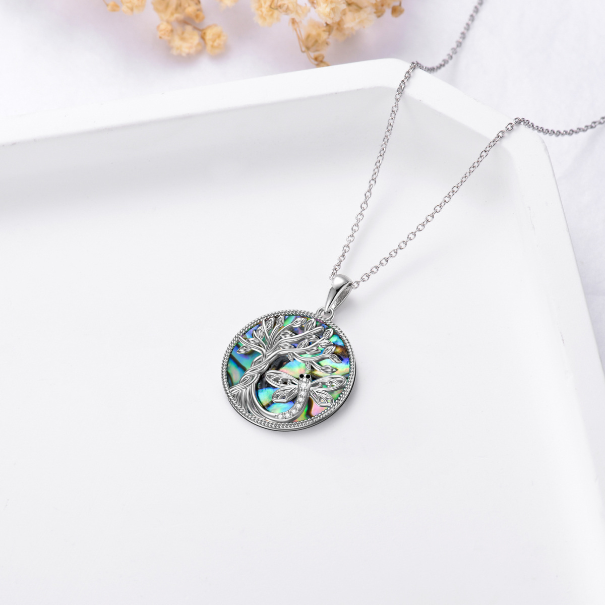 Sterling Silver Circular Shaped Abalone Shellfish Dragonfly & Tree Of Life Pendant Necklace-4