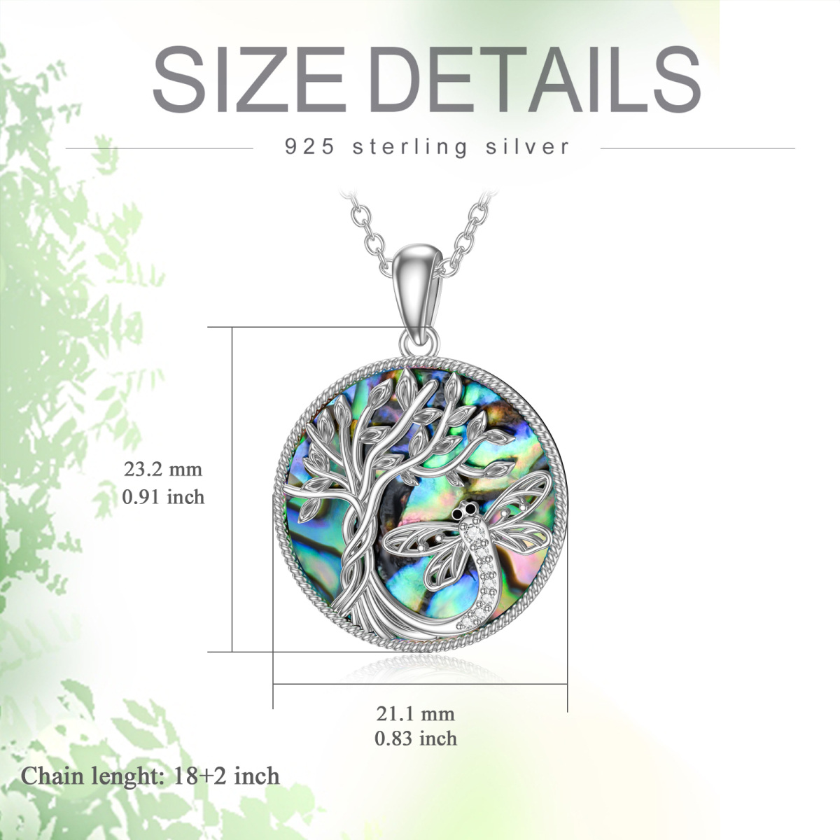 Sterling Silver Circular Shaped Abalone Shellfish Dragonfly & Tree Of Life Pendant Necklace-5