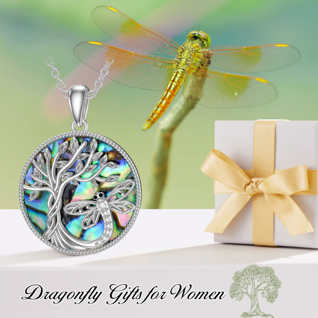 Sterling zilveren cirkelvormige Abalone Shellfish Dragonfly & Tree Of Life Hanger Collier-6