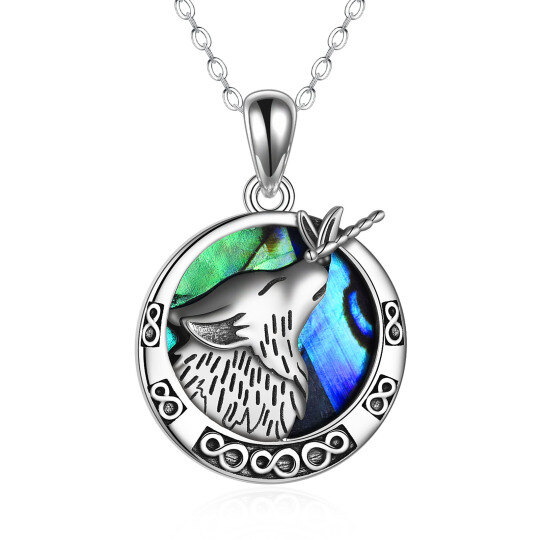 Sterling Silver Circular Shaped Abalone Shellfish Dragonfly & Wolf Pendant Necklace