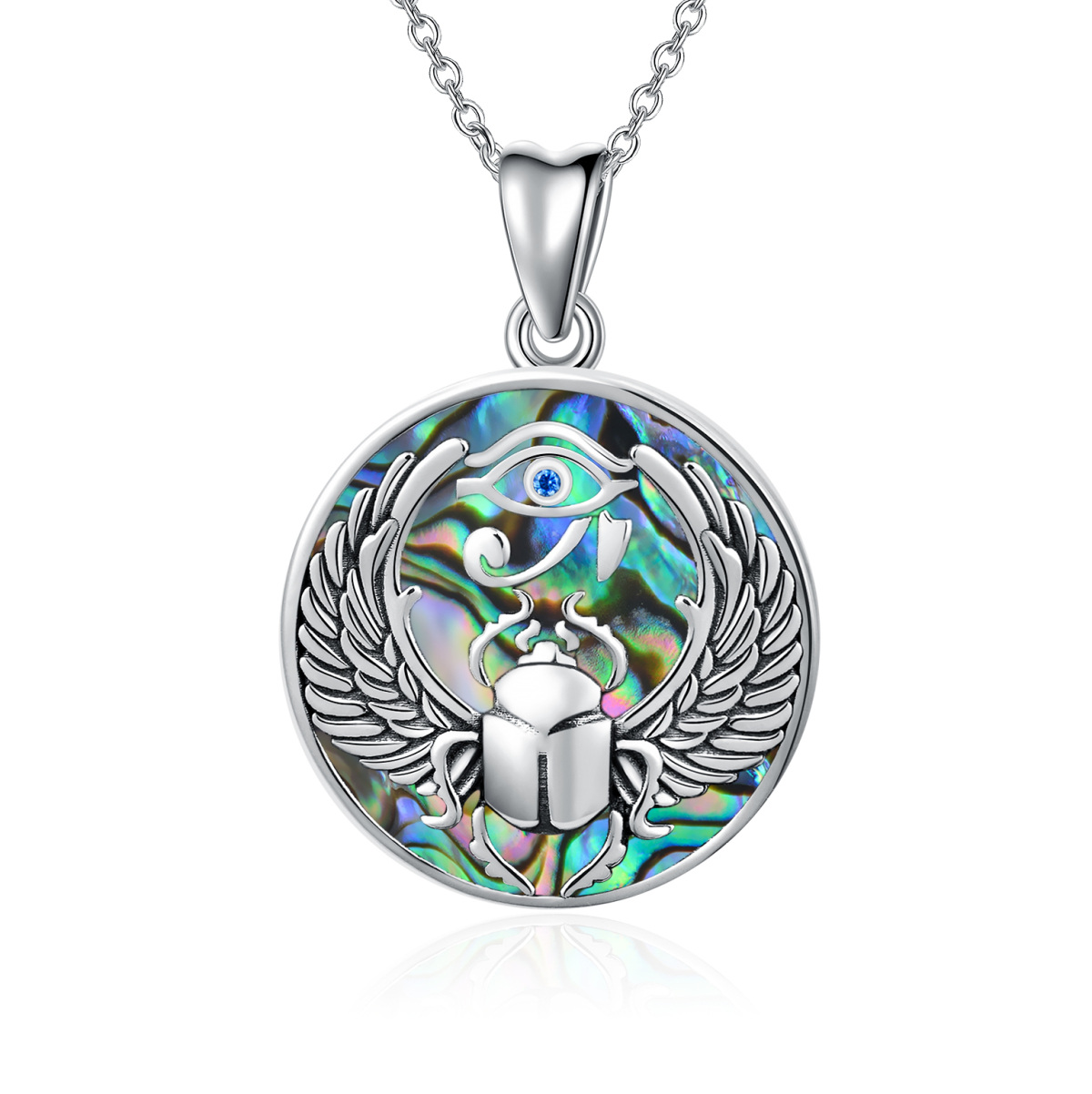 Sterling Silver Circular Shaped Abalone Shellfish Eye Of Horus Pendant Necklace-1