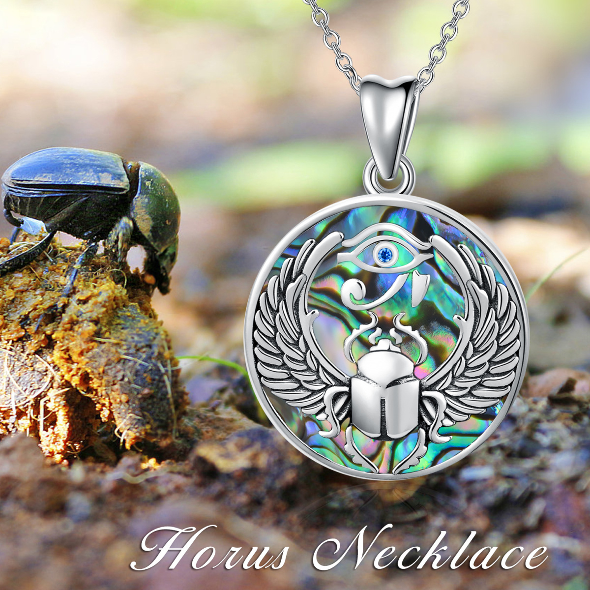 Sterling Silver Circular Shaped Abalone Shellfish Eye Of Horus Pendant Necklace-4