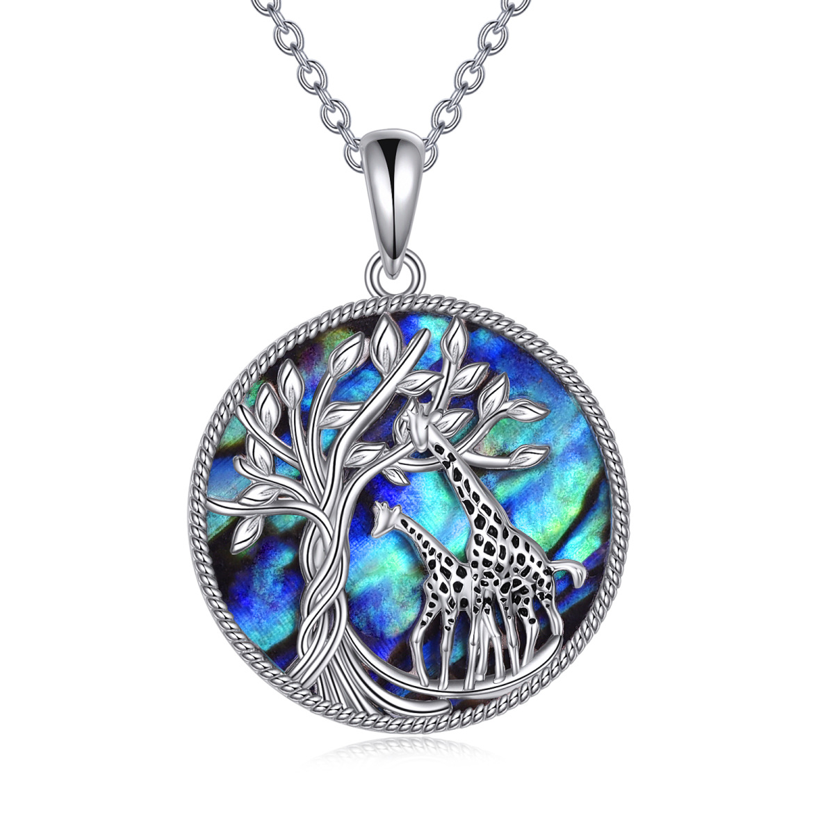 Sterling Silver Circular Shaped Abalone Shellfish Giraffe & Tree Of Life Pendant Necklace-1