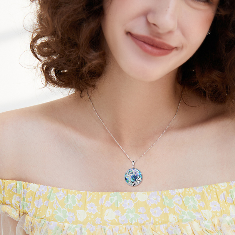 Colar com pingente de árvore da vida em forma circular de abalone, marisco, girafa e prata esterlina-2