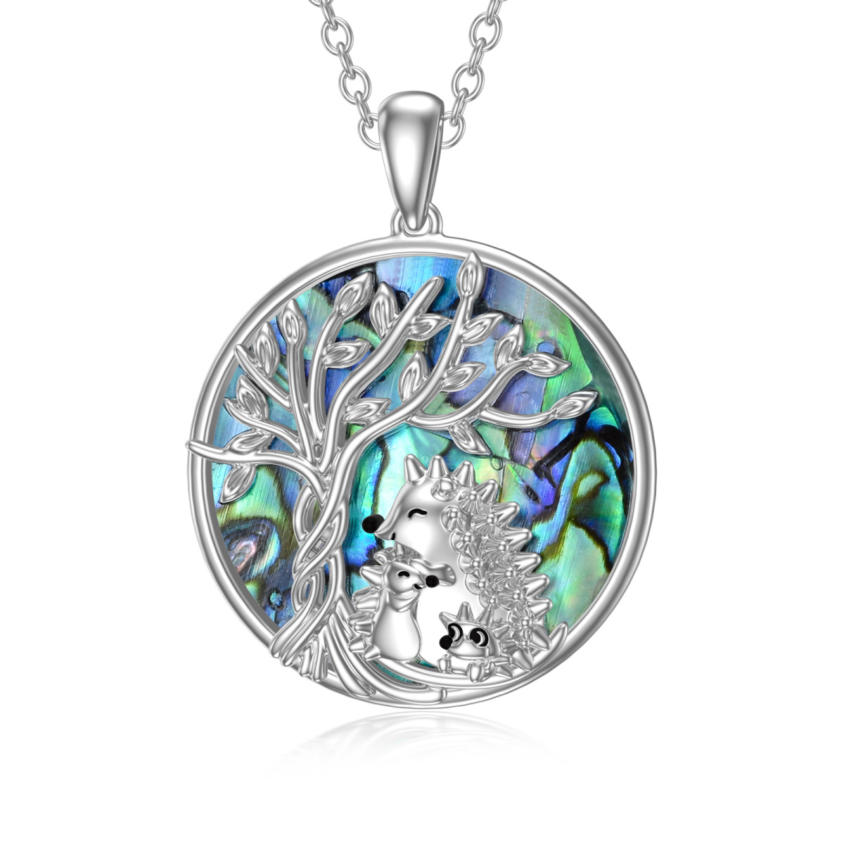 Sterling Silver Circular Shaped Abalone Shellfish Hedgehog & Tree Of Life Pendant Necklace-1