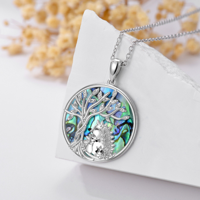 Sterling Silver Circular Shaped Abalone Shellfish Hedgehog & Tree Of Life Pendant Necklace-3