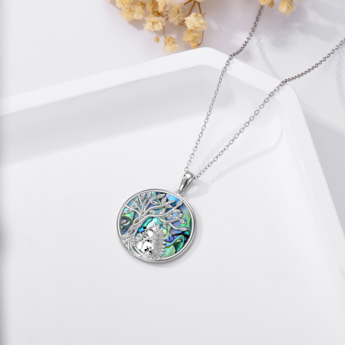 Sterling Silver Circular Shaped Abalone Shellfish Hedgehog & Tree Of Life Pendant Necklace-5