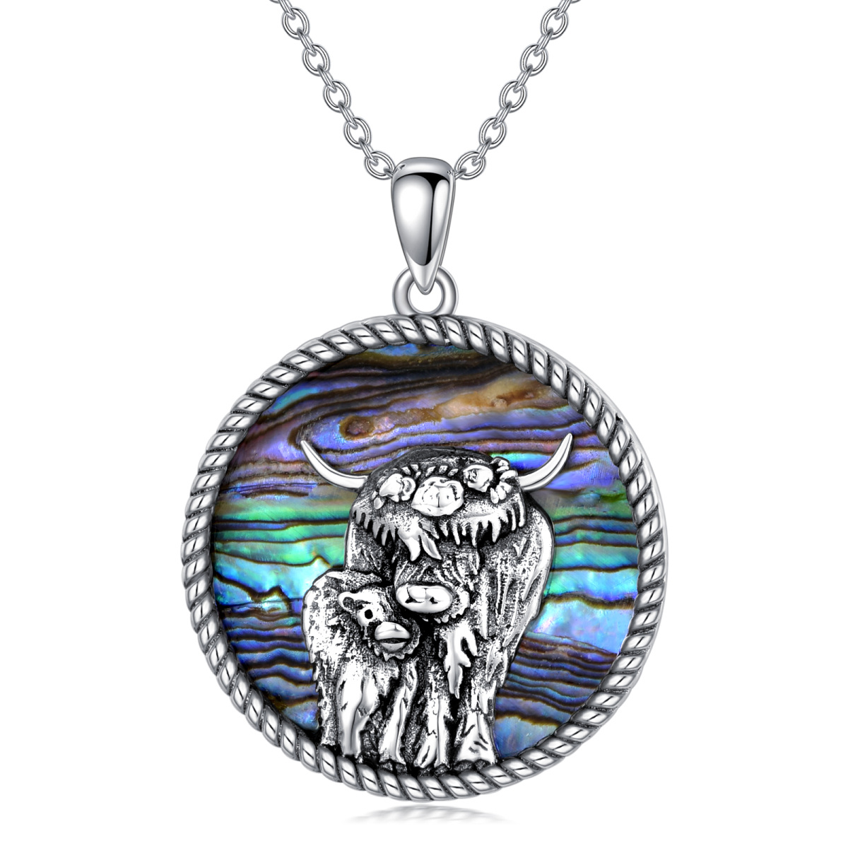 Sterling Silver Circular Shaped Abalone Shellfish Highland Cow Pendant Necklace-1