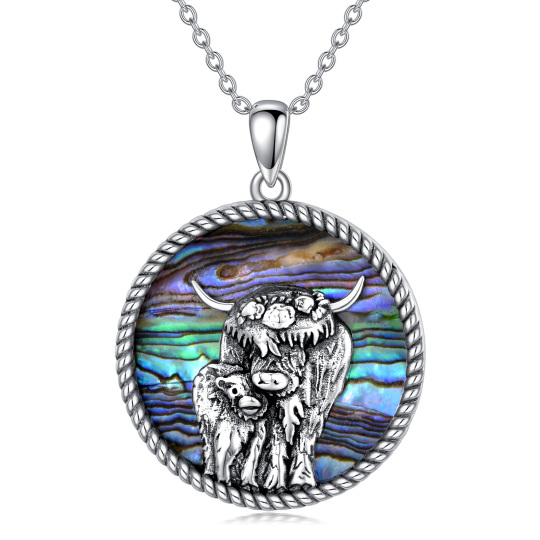 Sterling Silver Circular Shaped Abalone Shellfish Highland Cow Pendant Necklace