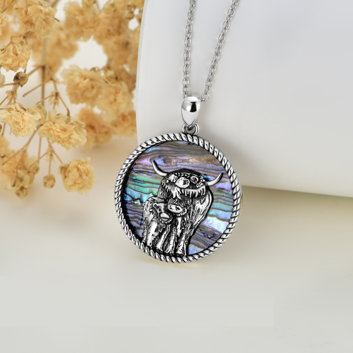 Sterling Silver Circular Shaped Abalone Shellfish Highland Cow Pendant Necklace-3