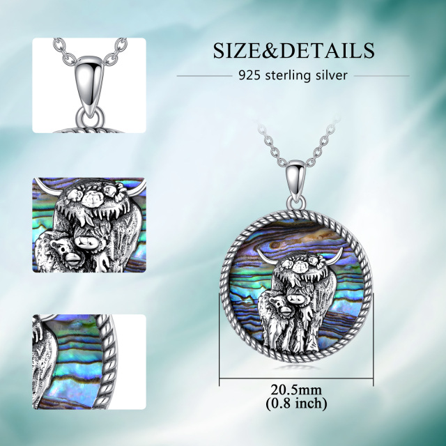 Sterling Silver Circular Shaped Abalone Shellfish Highland Cow Pendant Necklace-5