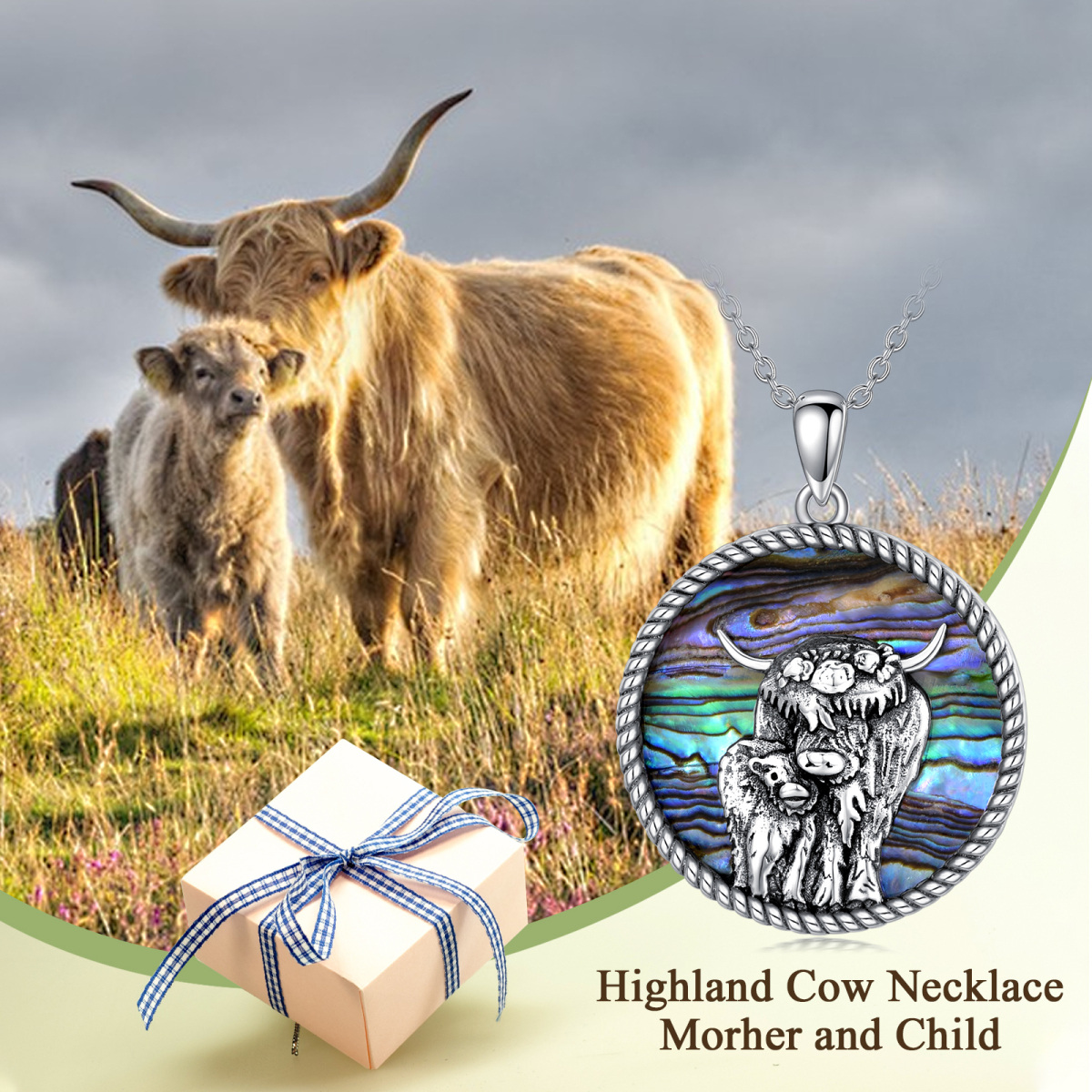 Sterling Silver Circular Shaped Abalone Shellfish Highland Cow Pendant Necklace-6