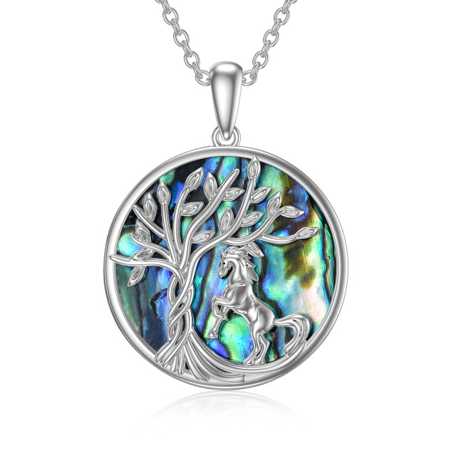 Sterling Silver Circular Shaped Abalone Shellfish Horse & Tree Of Life Pendant Necklace-1