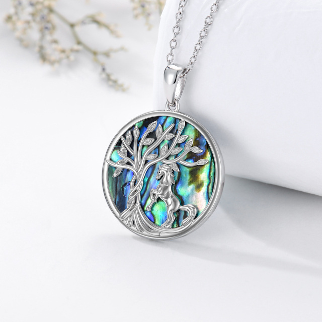 Sterling Silver Circular Shaped Abalone Shellfish Horse & Tree Of Life Pendant Necklace-3