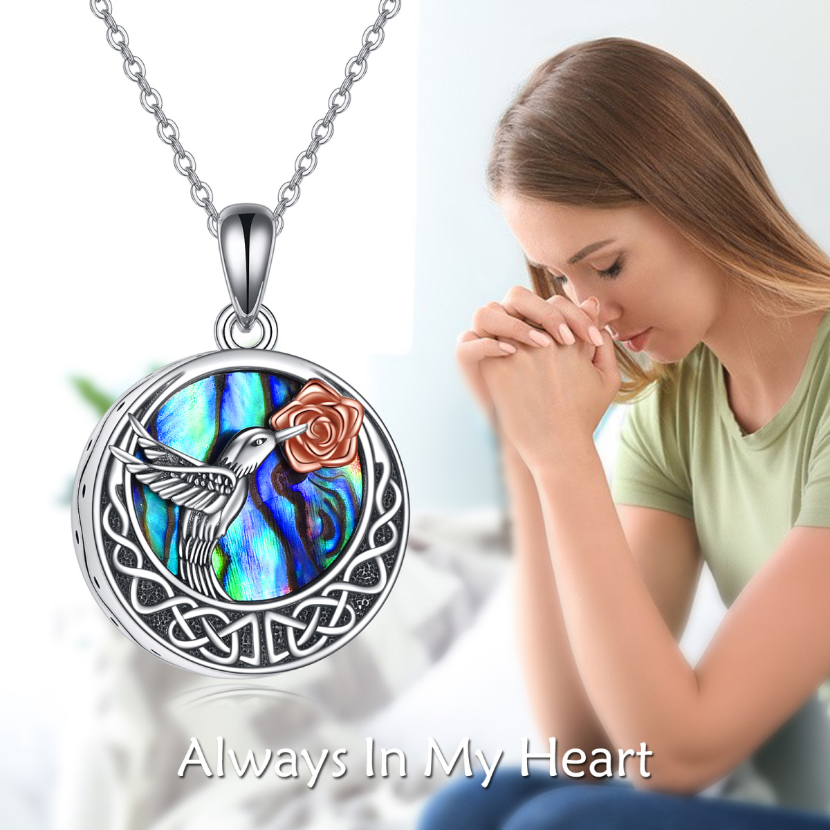 Sterling Silver Circular Shaped Abalone Shellfish Hummingbird & Celtic Knot Urn Necklace for Ashes-6