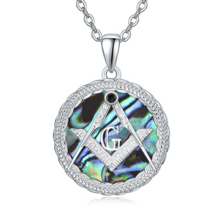 Sterling Silver Circular Shaped Abalone Shellfish Masonic Symbol Pendant Necklace-2