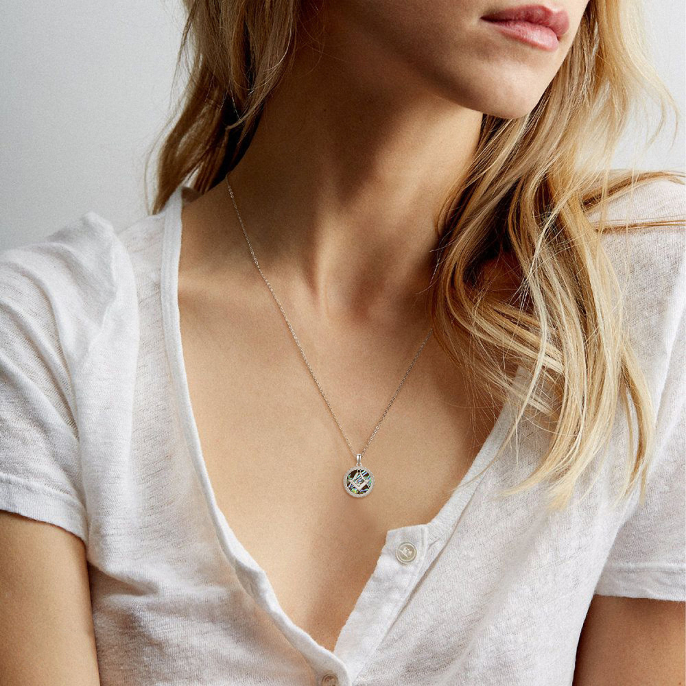 Sterling Silver Circular Shaped Abalone Shellfish Masonic Symbol Pendant Necklace-2