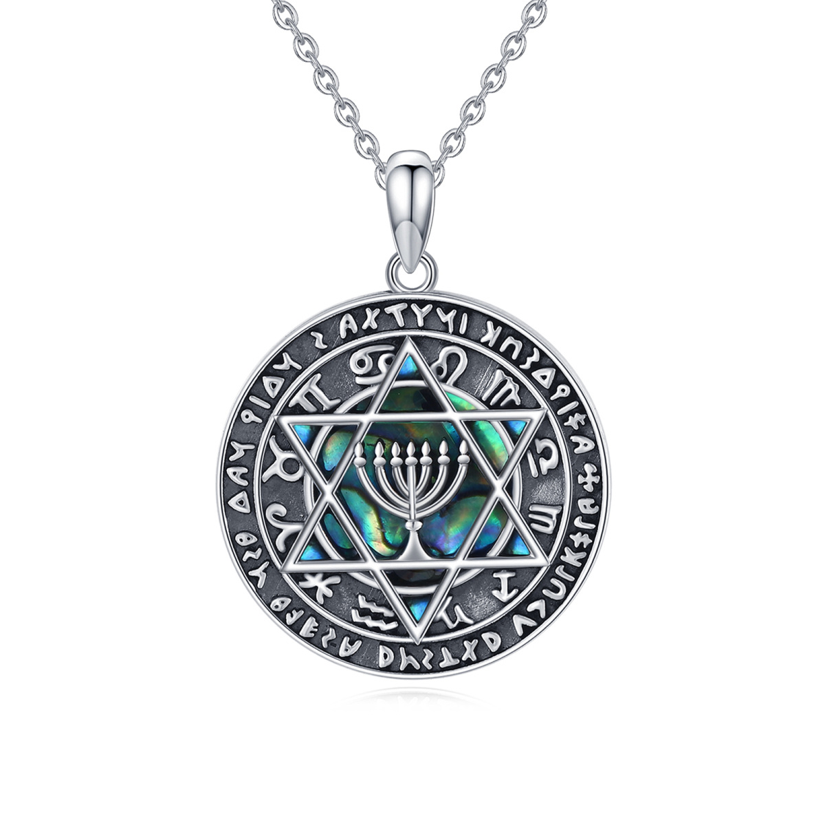 Sterling Silver Circular Shaped Abalone Shellfish Menorah & Star Of David Pendant Necklace-1