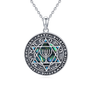 Sterling Silver Circular Shaped Abalone Shellfish Menorah & Star Of David Pendant Necklace-20