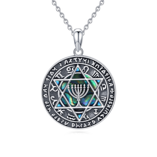 Sterling Silver Circular Shaped Abalone Shellfish Menorah & Star Of David Pendant Necklace