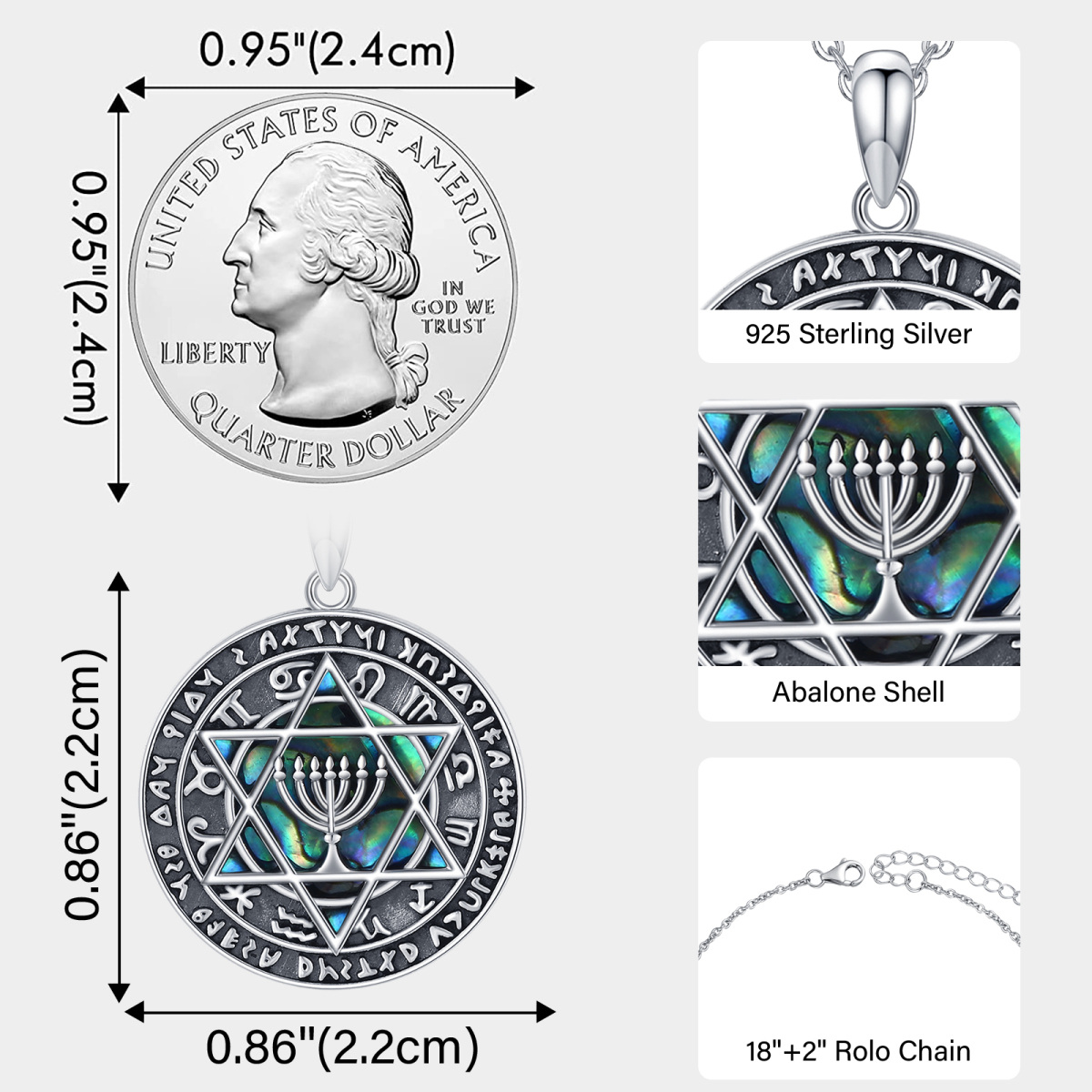 Sterling Silver Circular Shaped Abalone Shellfish Menorah & Star Of David Pendant Necklace-3