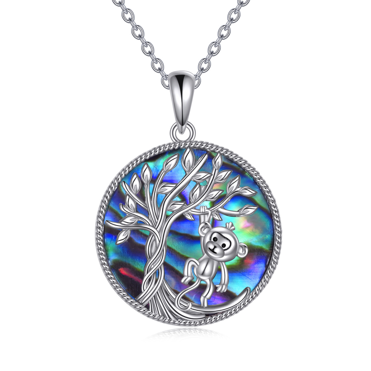 Sterling Silver Circular Shaped Abalone Shellfish Monkey & Tree Of Life Pendant Necklace-1