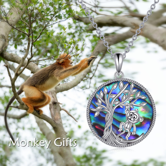 Sterling Silver Circular Shaped Abalone Shellfish Monkey & Tree Of Life Pendant Necklace-6