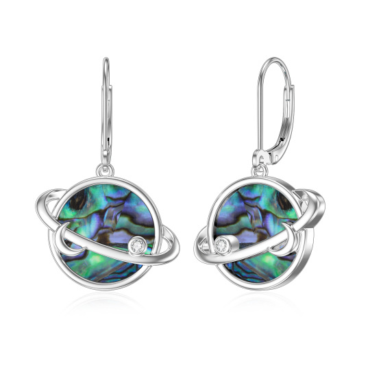 Sterling Silver Circular Shaped Abalone Shellfish & Cubic Zirconia Moon & Planet Drop Earrings