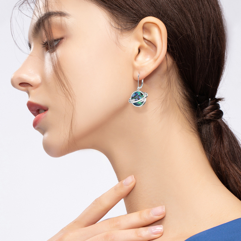 أقراط متدلية دائرية من الفضة الإسترلينية على شكل صدفة أذن البحر وقمر وكوكب للنساء-2