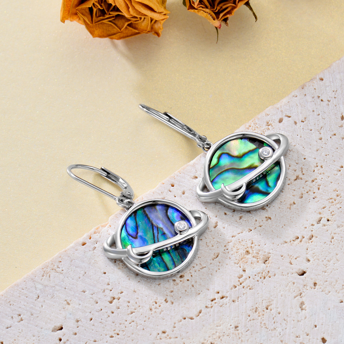 Sterling Silver Circular Abalone Shellfish Moon With Planet Drop Earrings For Women-3