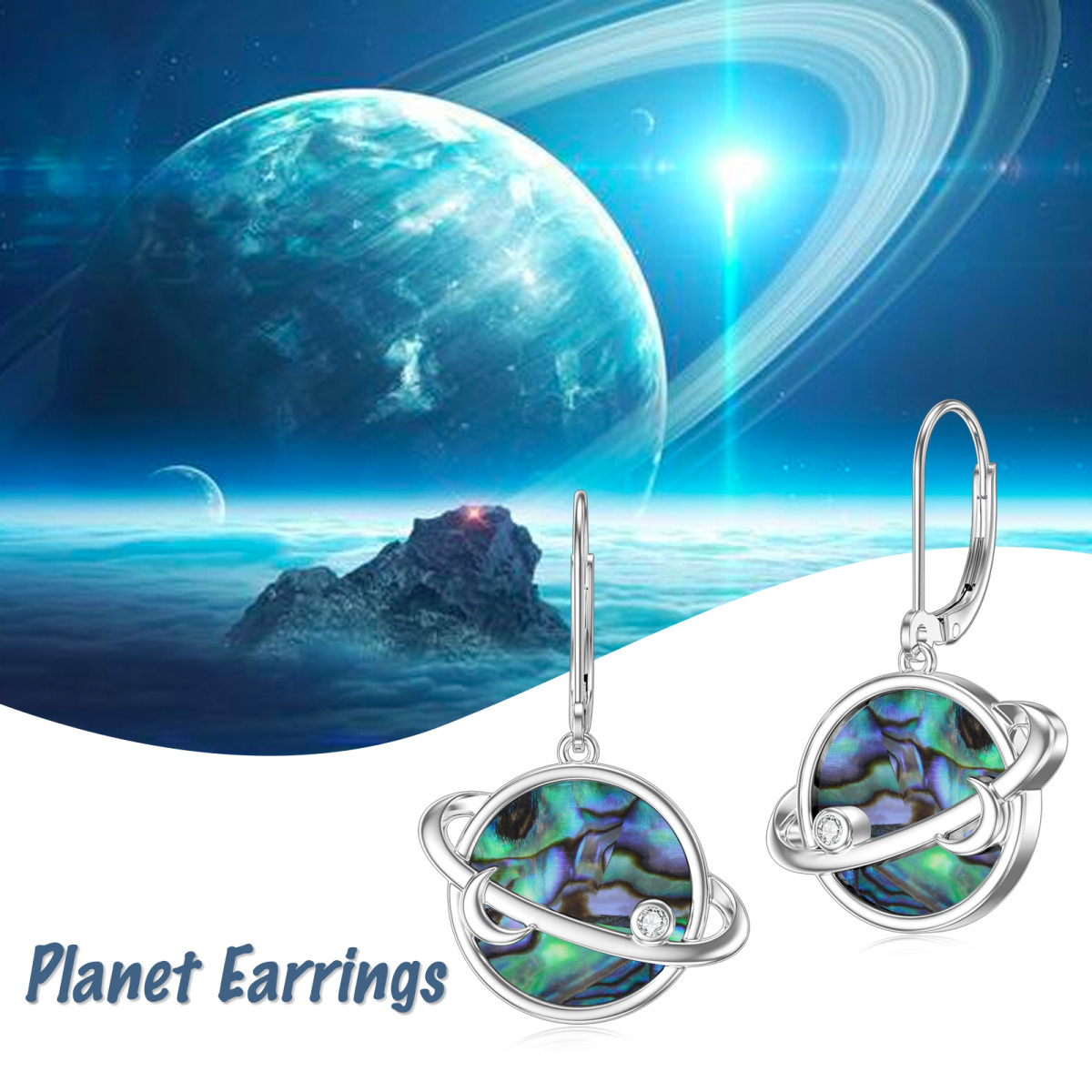 Sterling Silver Circular Abalone Shellfish Moon With Planet Drop Earrings For Women-4