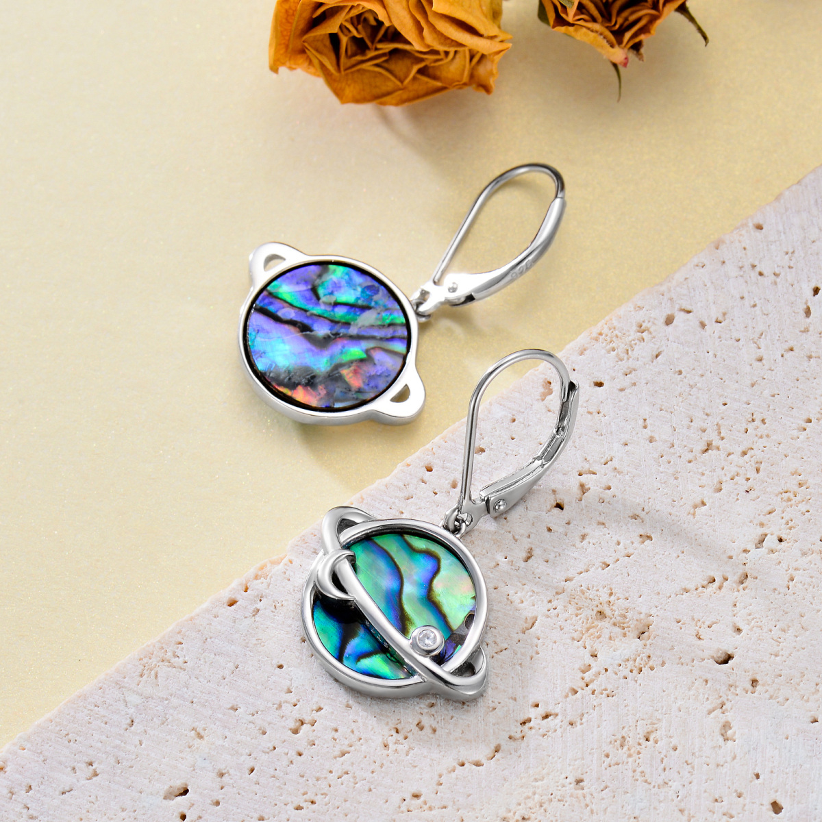 Pendientes circulares de plata de ley con diseño de luna y mariscos de abulón para mujer-5