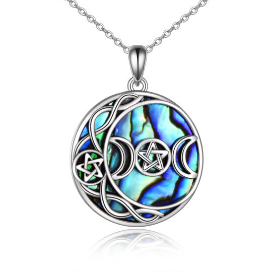 Sterling Silver Circular Shaped Abalone Shellfish Moon & Star Pendant Necklace