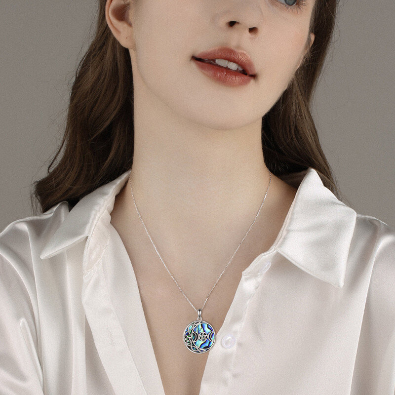 Sterling Silver Circular Shaped Abalone Shellfish Moon & Star Pendant Necklace-2