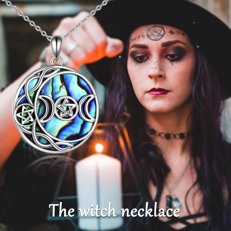 Sterling Silver Circular Shaped Abalone Shellfish Moon & Star Pendant Necklace-5