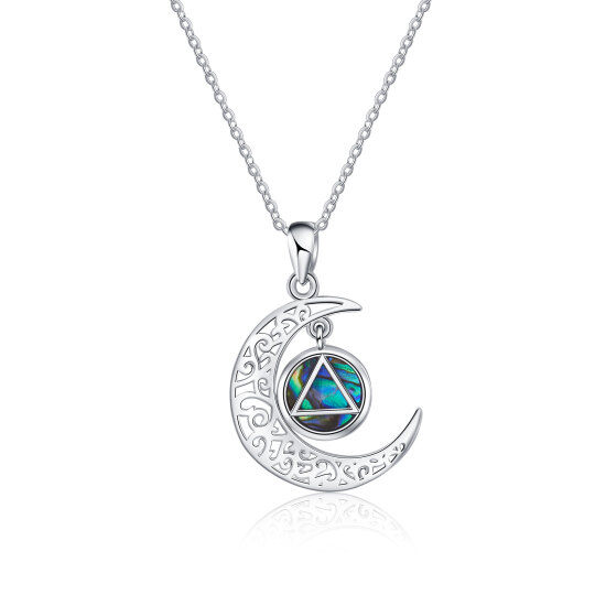 Sterling Silver Circular Shaped Abalone Shellfish Moon & Triforce Pendant Necklace