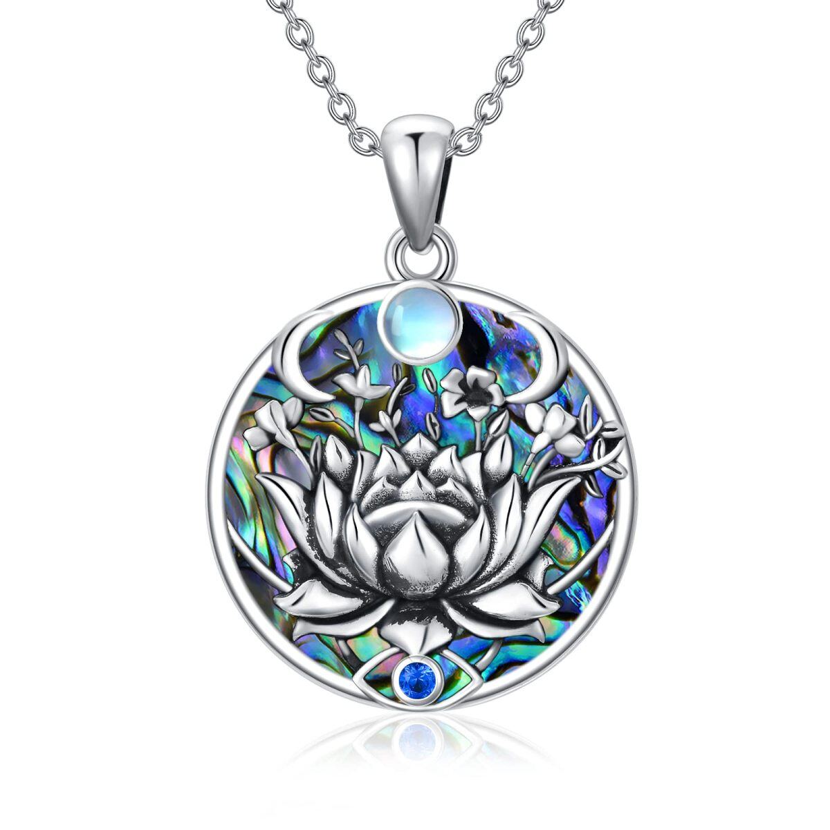 Sterling Silver Oxidized Moonstone Lotus & Evil Eye Pendant Necklace With Abalone Shell-1