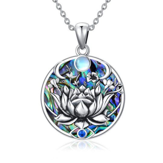 Sterling Silver Circular Shaped Abalone Shellfish & Cubic Zirconia & Moonstone Lotus & Evil Eye Pendant Necklace