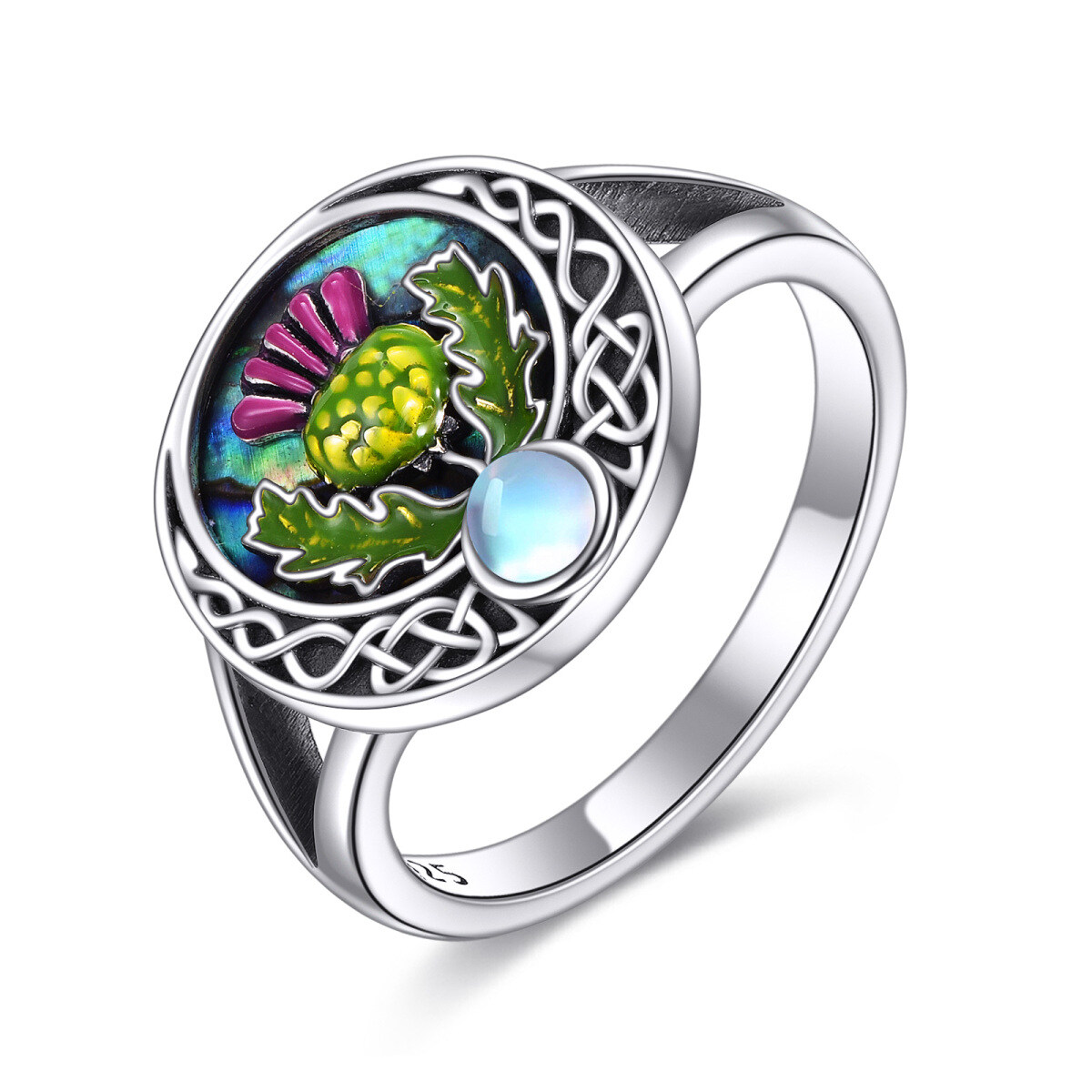 Sterling Silver Circular Shaped Abalone Shellfish & Moonstone Thistle & Celtic Knot Ring