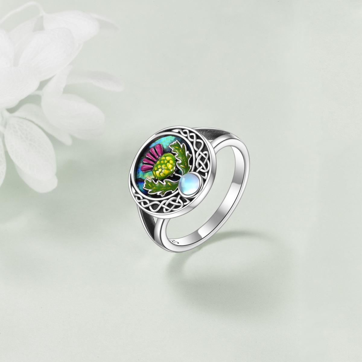 Sterling Silver Circular Abalone Shellfish With Moonstone Thistle & Celtic Knot Ring For Women-3