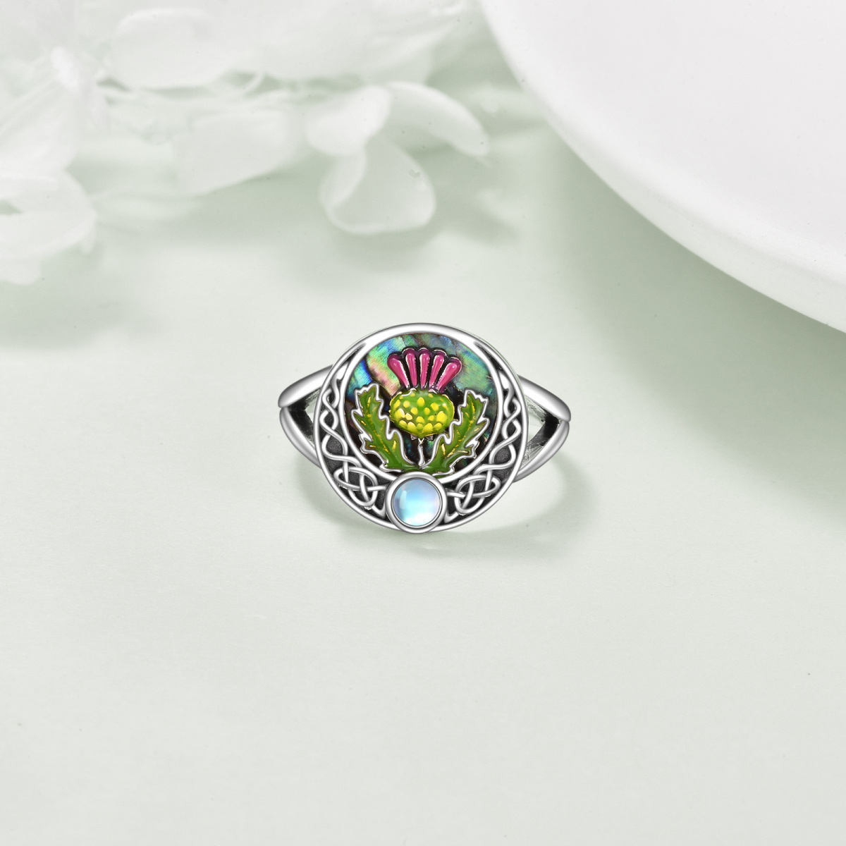 Sterling Silver Circular Abalone Shellfish With Moonstone Thistle & Celtic Knot Ring For Women-4