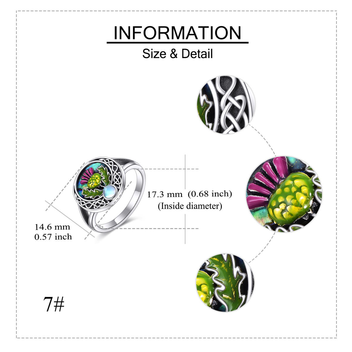 Sterling Silver Circular Abalone Shellfish With Moonstone Thistle & Celtic Knot Ring For Women-5