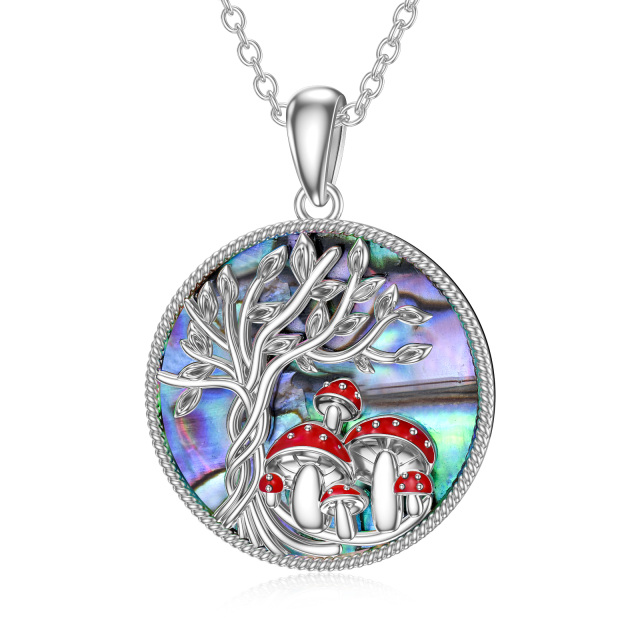 Sterling Silver Circular Shaped Abalone Shellfish Mushroom & Tree Of Life Pendant Necklace-1