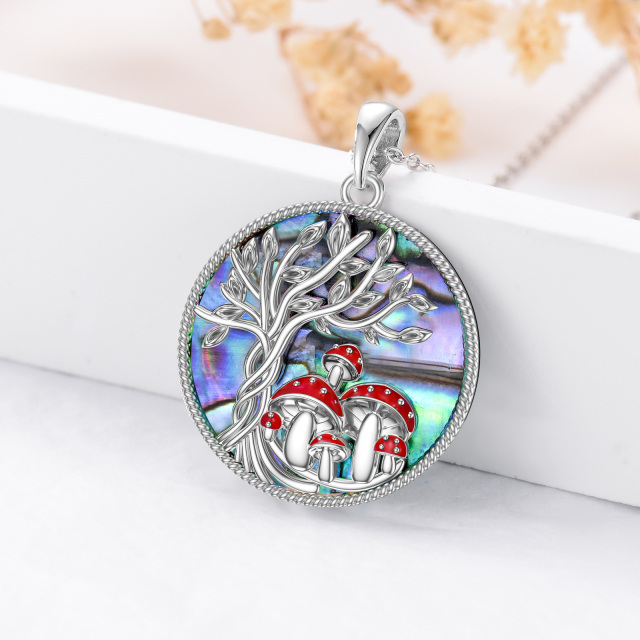 Sterling Silver Circular Shaped Abalone Shellfish Mushroom & Tree Of Life Pendant Necklace-3