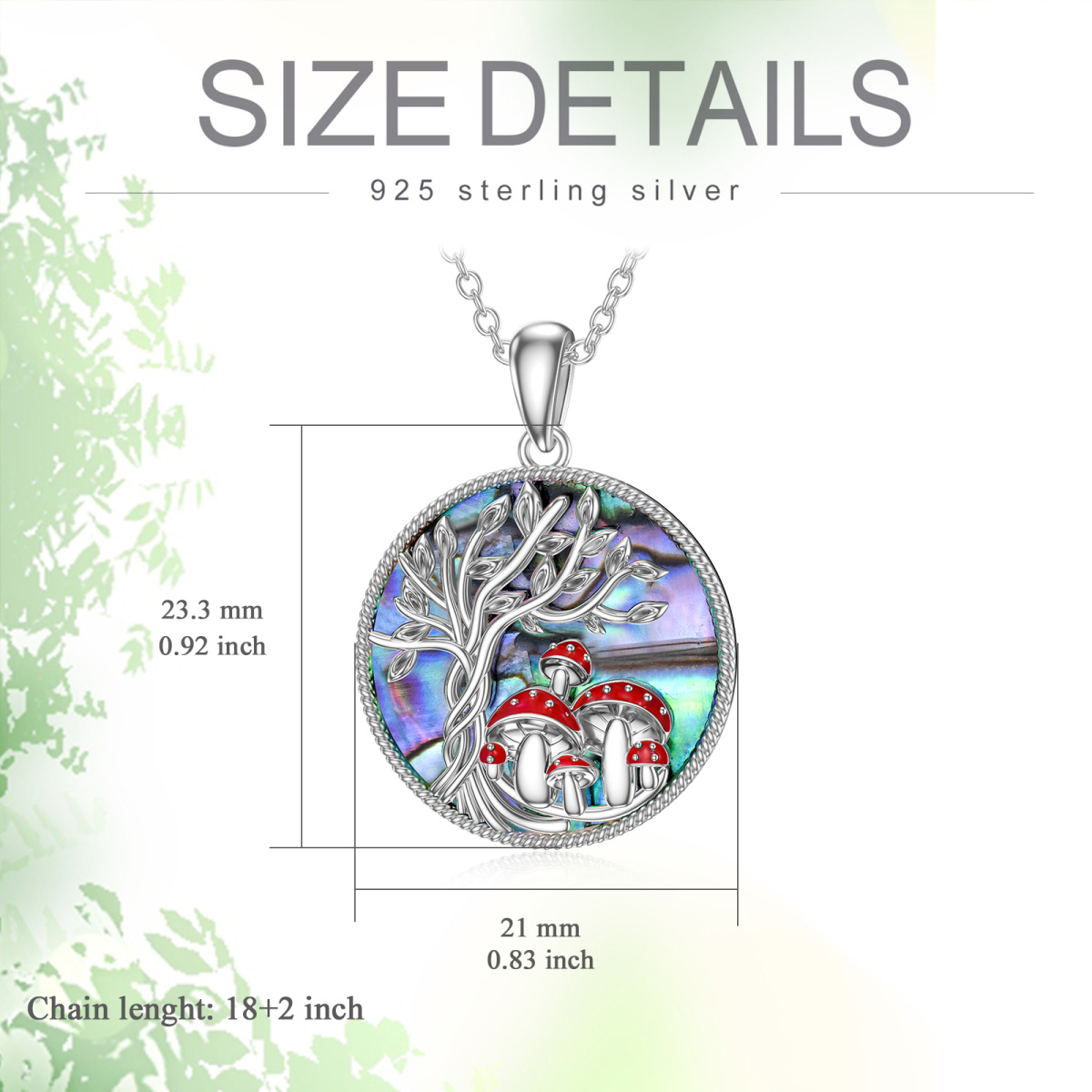 Sterling Silver Circular Shaped Abalone Shellfish Mushroom & Tree Of Life Pendant Necklace-5