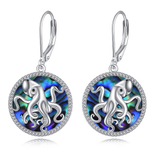 Sterling Silver Circular Shaped Abalone Shellfish Octopus & Round Lever-back Earrings-9