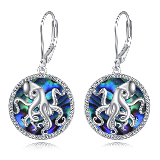 Sterling Silver Circular Shaped Abalone Shellfish Octopus & Round Lever-back Earrings