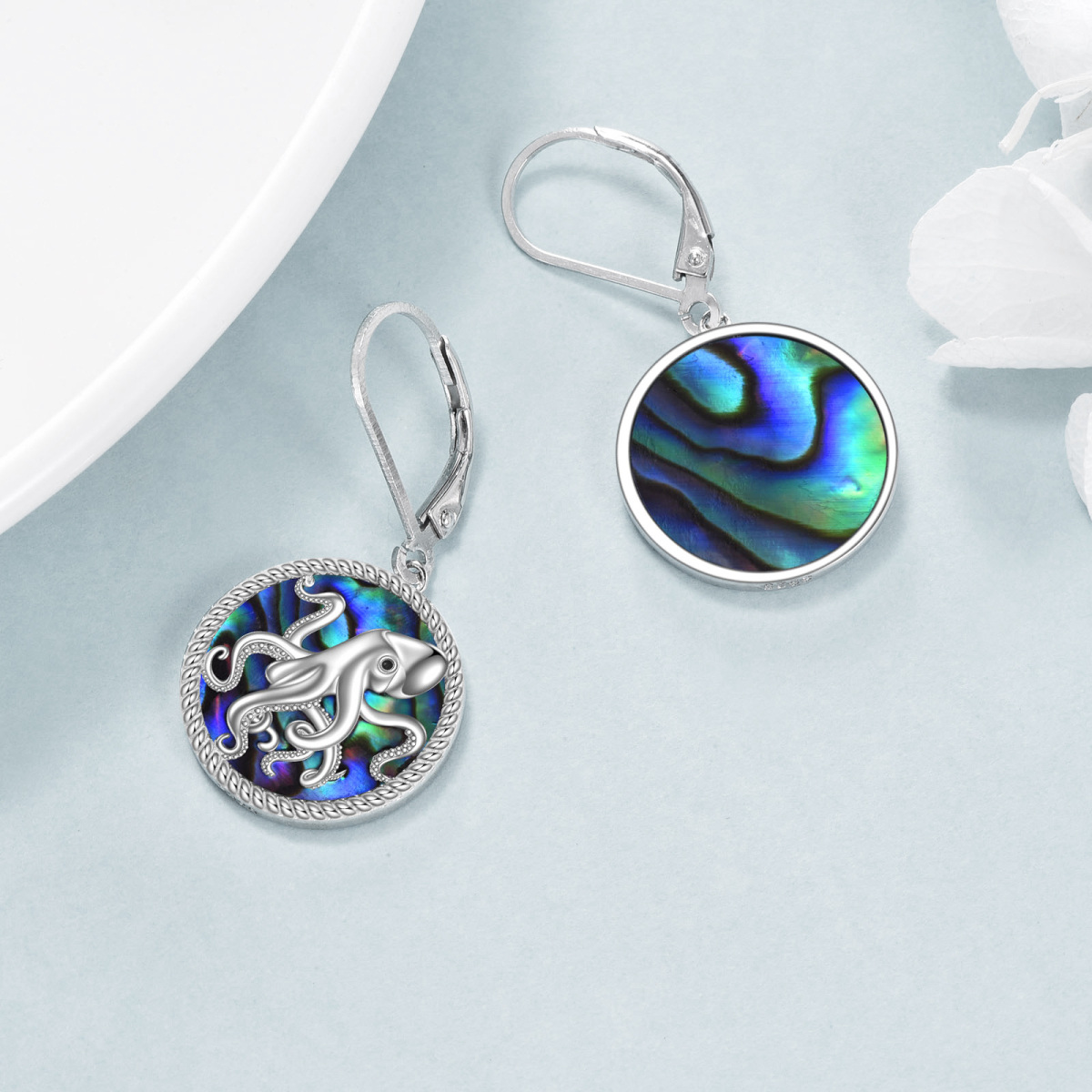 Orecchini pendenti rotondi in argento sterling con polpo di crostacei abalone a forma circolare-3